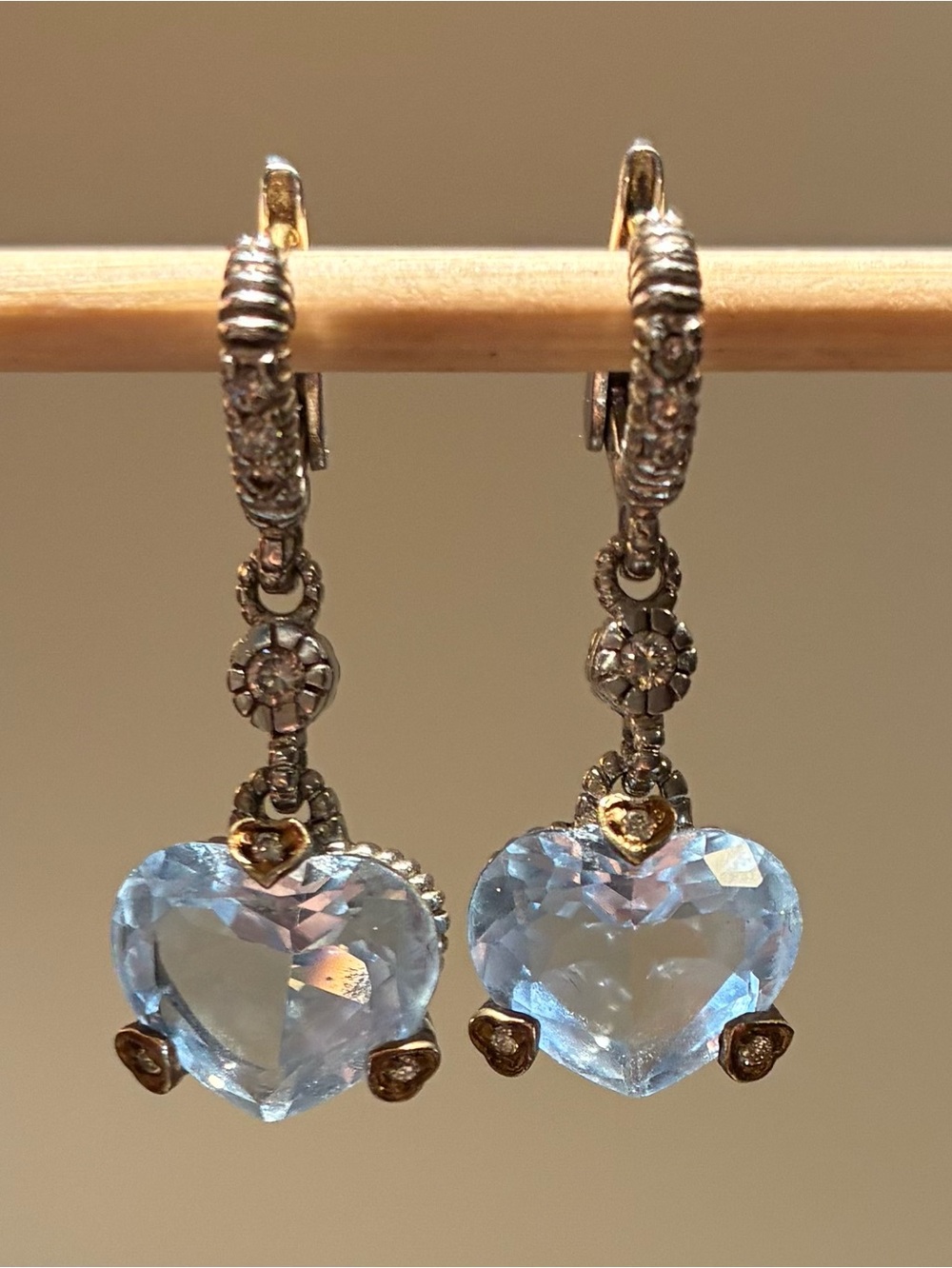 Judith Ripka Blue Topaz Heart Drop Earrings - Silver & Gold Tone